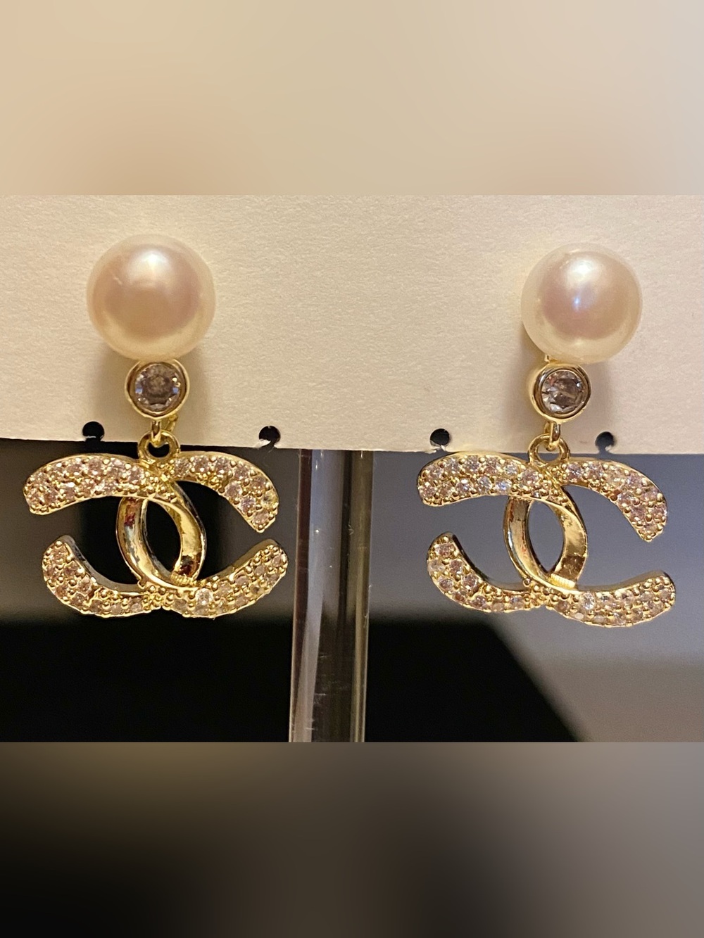Fashion Jewelry 14K Gold- Plated Crystal Logo Drop Earrings with Pearl Stud